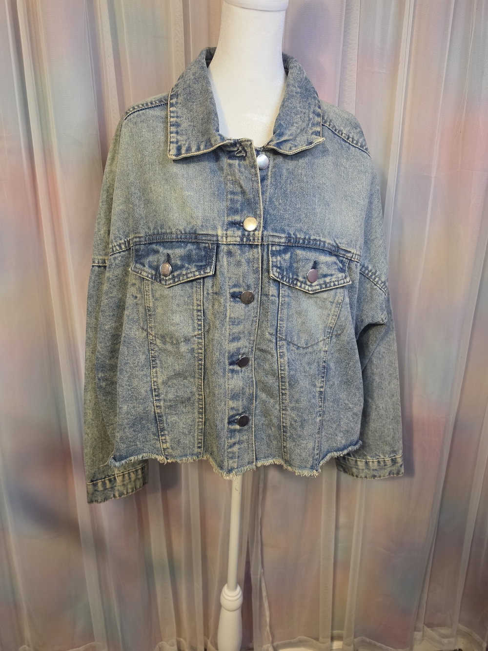 Excuse Oversized Cropped Stonewash Cotton Denim Jean Jacket Raw Hem Size 2XL